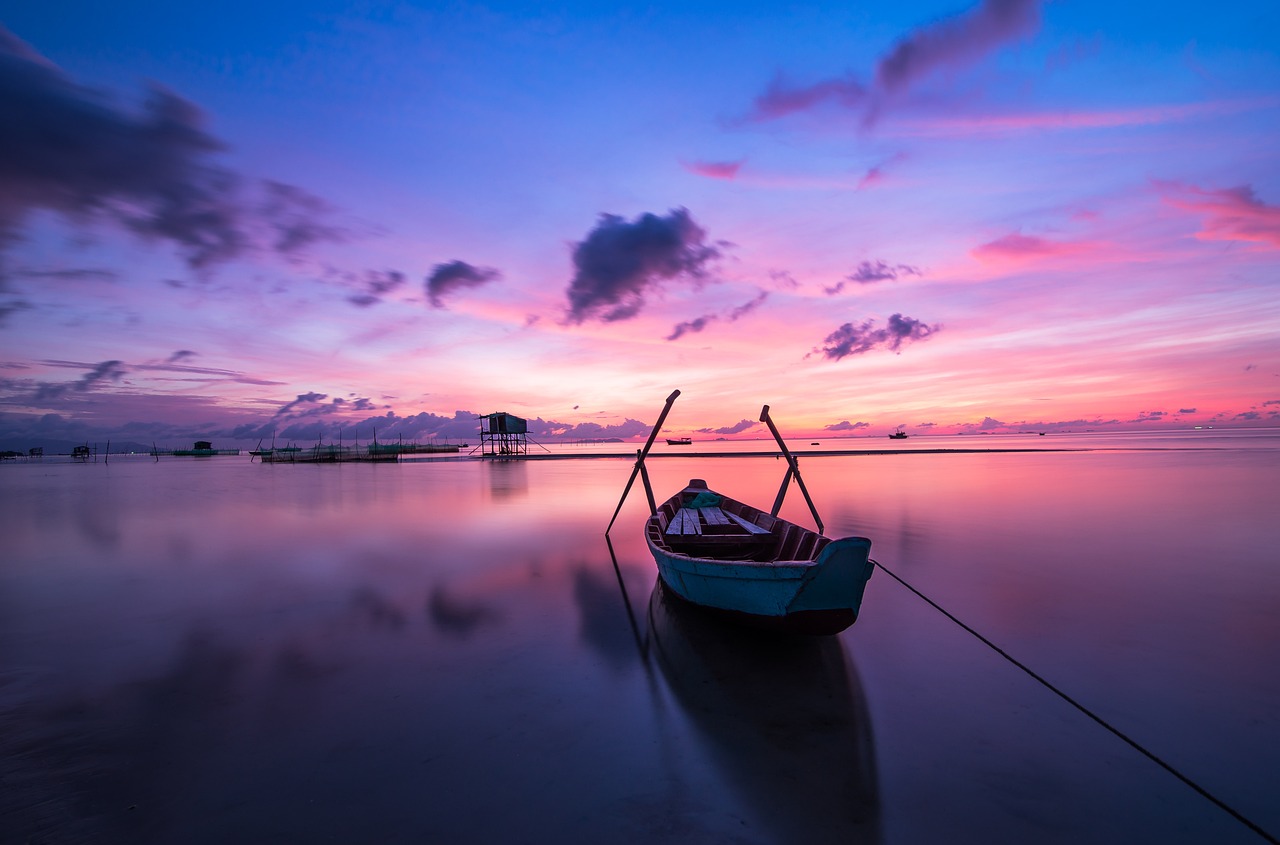 sunrise, boat, rowing boat, nobody, calm, tranquil, blue, sea, lake, water, phu quoc, ocean, sky, travel, tropical, summer, vietnam, color, holiday, vacation, nature, reflection, evening, sunset, blue sky, beautiful, landscape, dawn, morning, sunrise, boat, sea, sky, sky, sky, travel, travel, travel, summer, nature, nature, nature, nature, nature, sunset, sunset, landscape, landscape