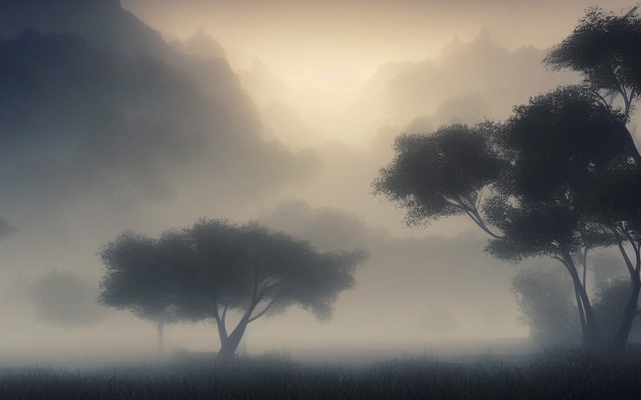 fog, trees, mountains