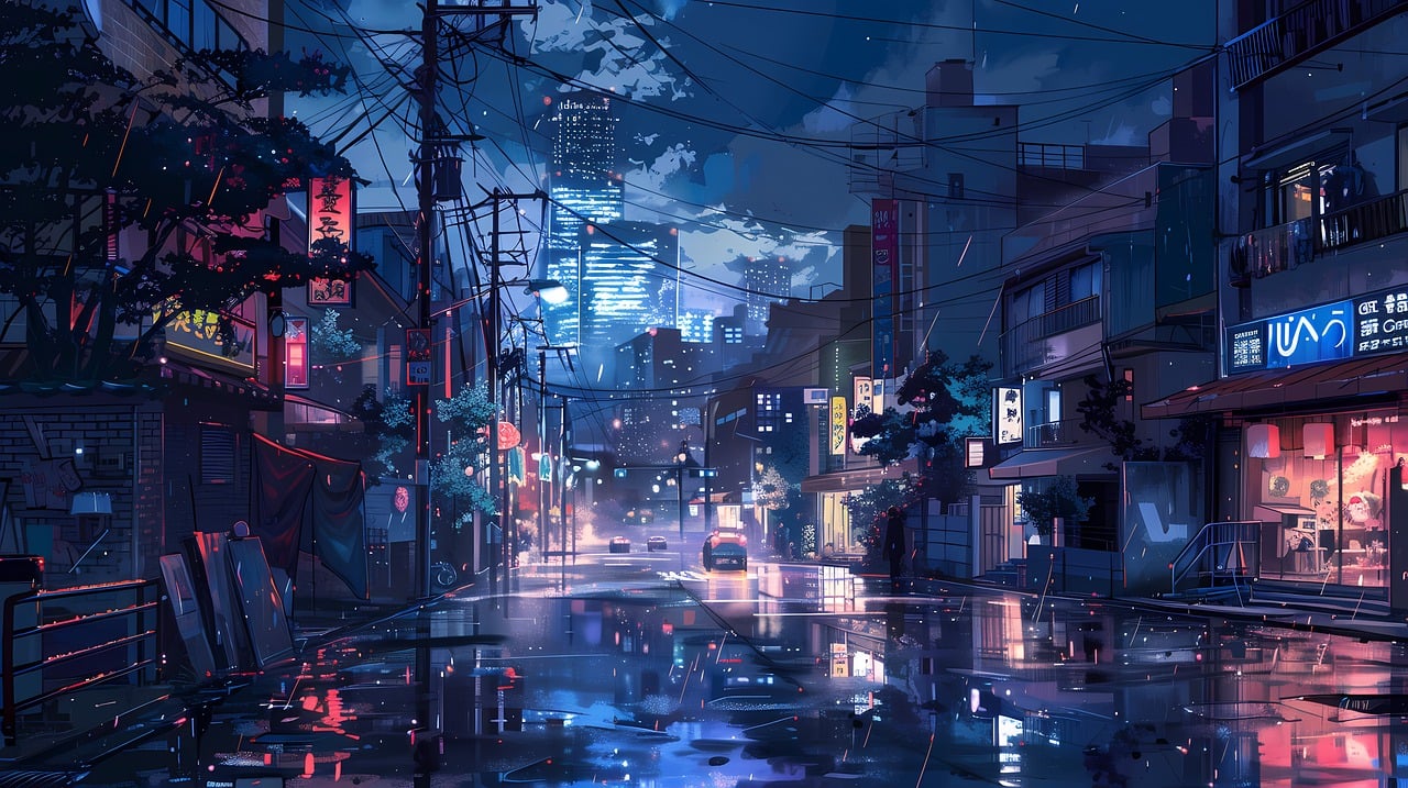 anime, street, urban, nocturnal, lights, neon, buildings, city, modern, night, highlights, blue, red, japan, rain, landscape, darkness, darling, nature, metropolis, technology, architecture, transport, reflection, anime, anime, anime, anime, anime