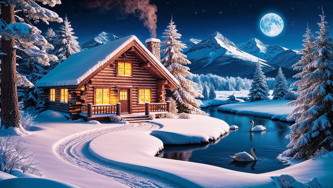 house, wooden hut, moon