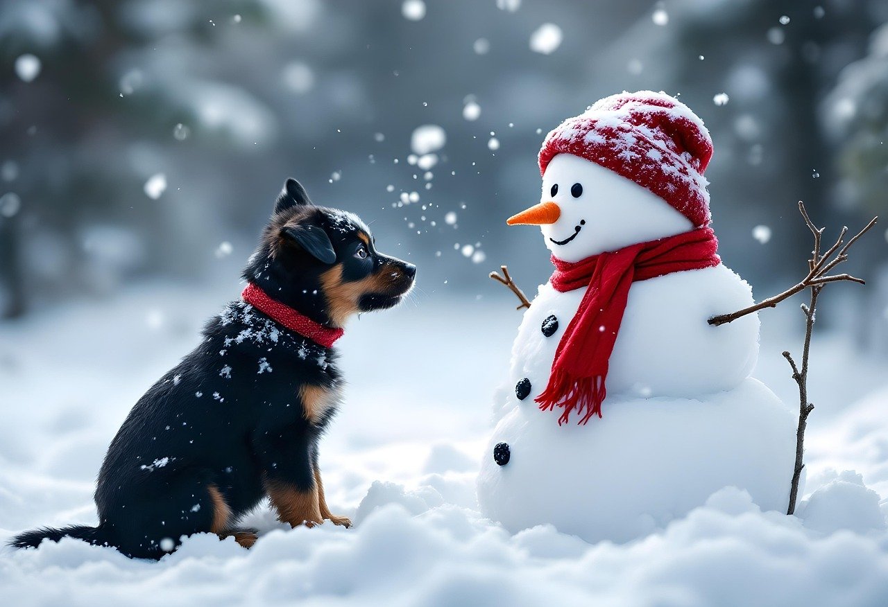winter, snowman, dog