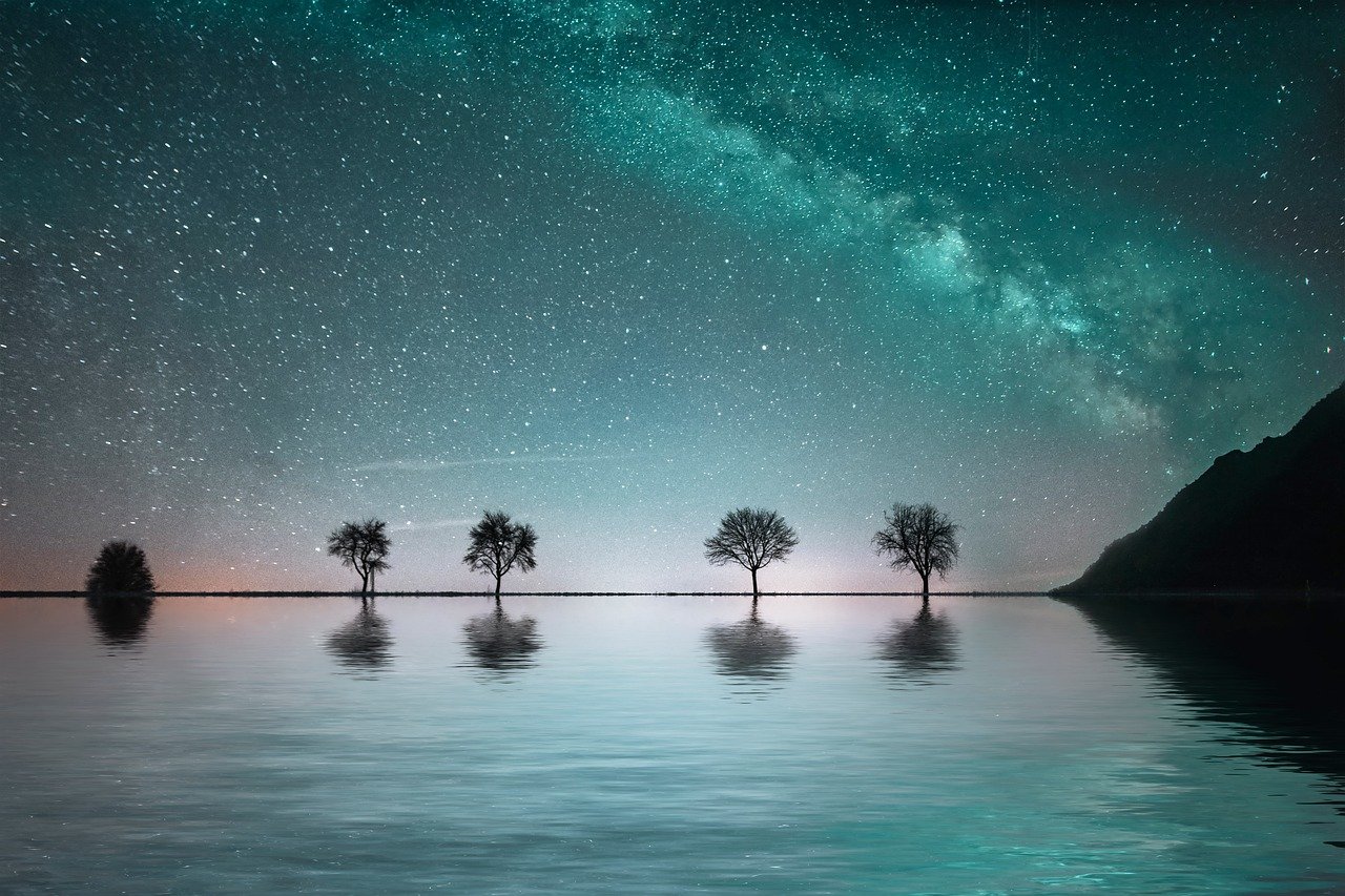 lake, stars, night, mountain, nature, trees, reflection, fantasy, landscape