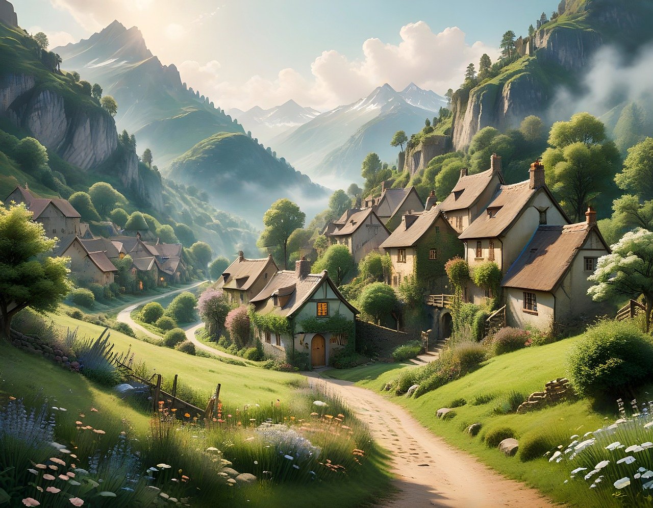 ai generated, mountain village, houses, trees, mountains, clouds, sandy path, community, nature, landscape