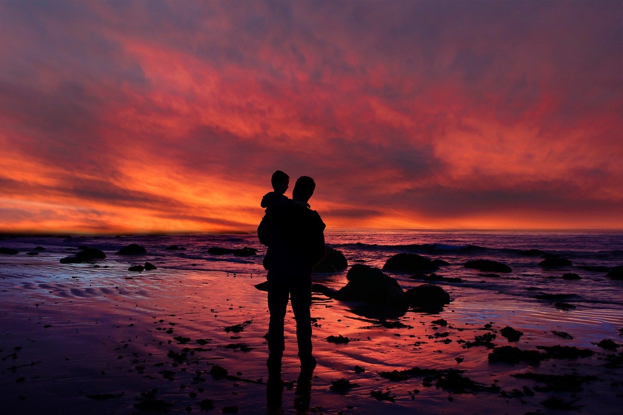 fantasy, love, nature, sea, darling, clouds, dad, child, rocks, beach, sunset