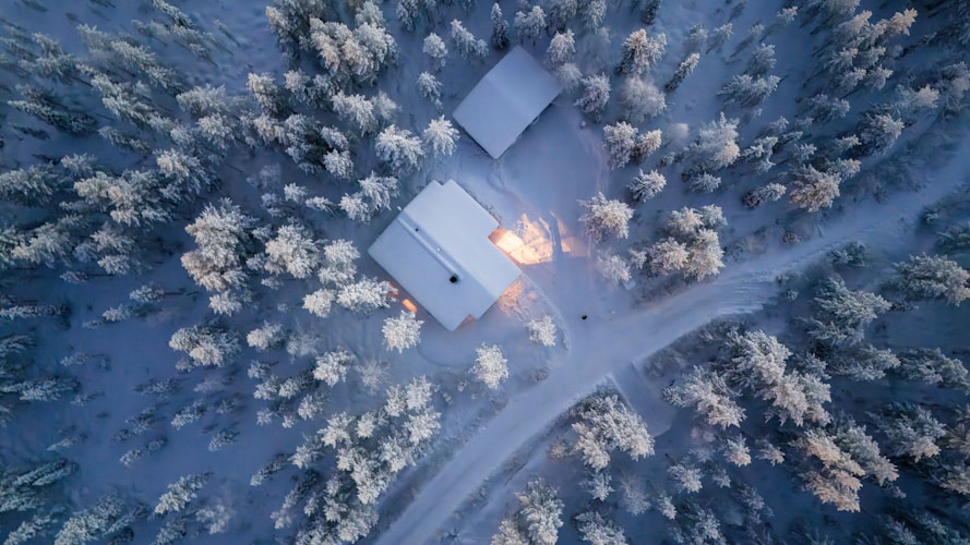 An aerial view of a house in the middle of a snowy forest
