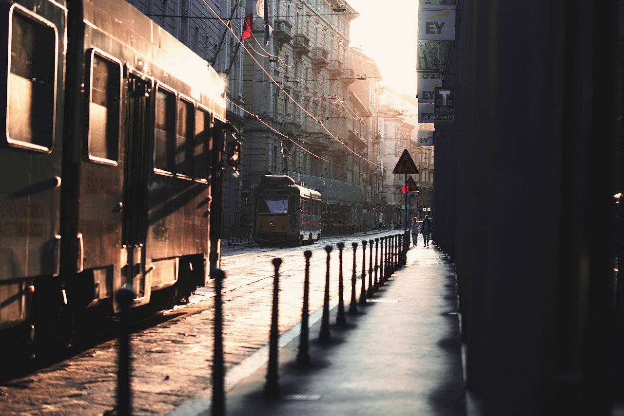 tram, milan, italy, city, streets, urban, traffic, nature, buildings, sun, street, intersection