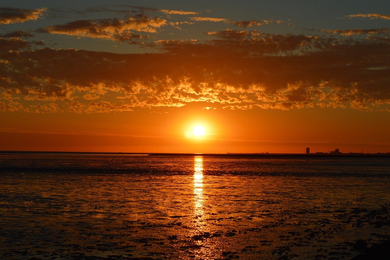 sunset, wadden sea, watt, horizon, north sea, north sea coast, ebb, tide, sea, coast, clouds, coastal landscape, vacations, evening atmosphere, meldorfer bay, dithmarschen, nature, schleswig-holstein, national park wadden sea