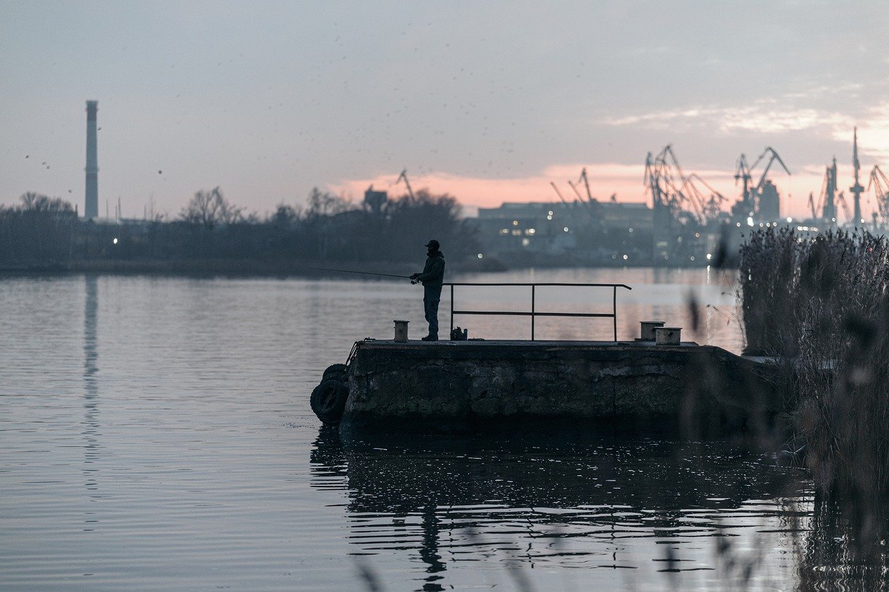 fishing, harbor, silhouette, evening, river, tranquility, concrete, cranes, water, clouds, light, x-ray, nature, work, reflection, black and white, lonely, misty, soft light, contrast