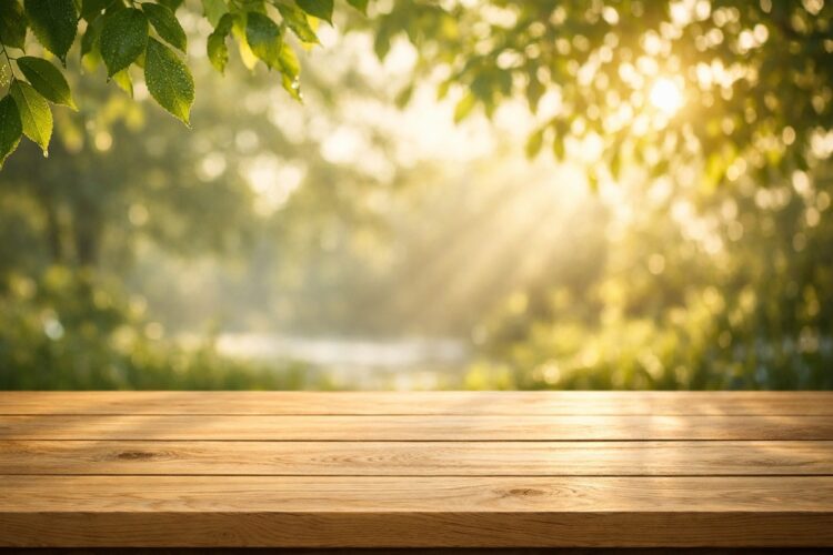 wooden table top, wood table background, blurred nature background, green bokeh background, forest bokeh, sunlight through leaves, golden hour table, rustic wood plank, empty product display, nature mockup background, outdoor wooden table, spring forest scene, lush green leaves, morning sunlight bokeh, serene nature backdrop, wood surface foreground, bokeh forest background, warm sunlight forest, product photography background, empty rustic table, forest sunlight rays, morning forest glow, nature inspired backdrop, wood grain table top