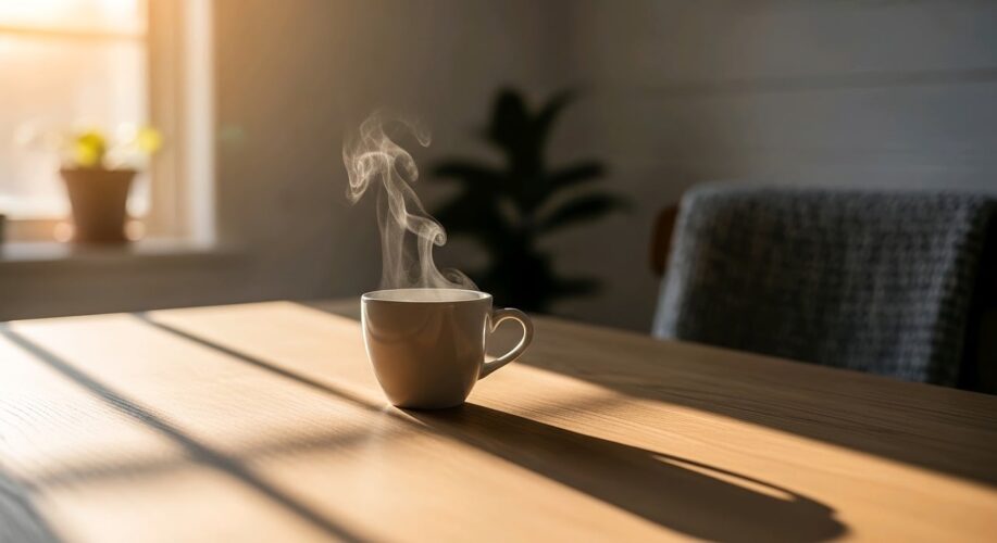 coffee, breakfast, morning, cup, steam, coffee cup, hot, caffeine, table, sunlight, wood, lifestyle, cozy, drink, espresso, latte, aroma, relaxation, shadow, window, mug, interior, beverage, still life, minimalist, atmosphere, ai generated