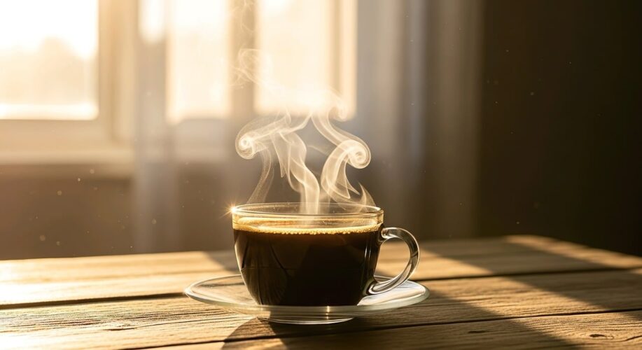 coffee, breakfast, morning, cup, steam, hot, caffeine, table, sunlight, wood, lifestyle, cozy, drink, espresso, latte, aroma, relaxation, coffee cup, shadow, window, mug, interior, beverage, still life, minimalist, atmosphere, ai generated