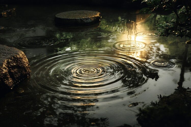 pond, zen, dusk, ripple, reflection, dark, nature, tranquility, peace, calm, evening, serene, meditative, garden, japanese, asian, stillness, surface, liquid, fluid, motion, circle, concentric, ai generated
