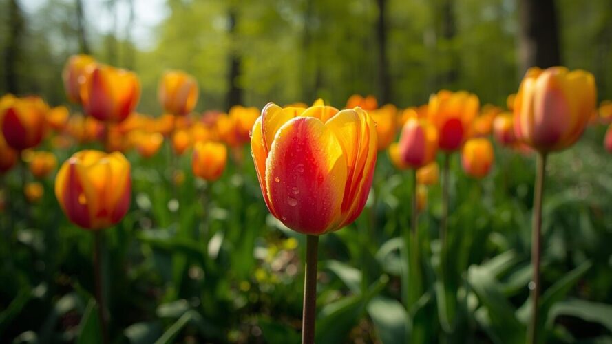 tulips, spring, nature, bloom, flower, garden, flower wallpaper, field, leaves, beautiful flowers, petals, flower background, yellow, ai generated