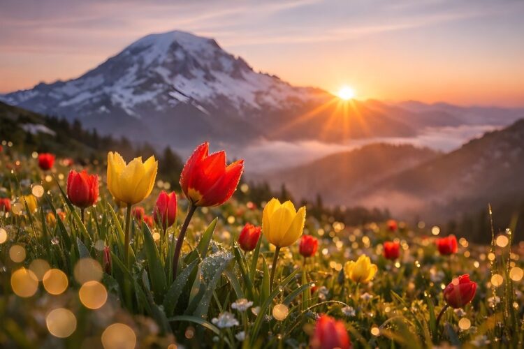tulips, flowers, flower wallpaper, nature, field, mountain range, flower background, sunset, beautiful flowers, landscape, twilight, ai generated