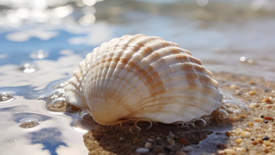 seashell, shell, nature, sea, ocean, beach, sand, coast, summer, shore, seaside, seashore, closeup, vacation, travel, leisure, greeting card, copy space, ai generated