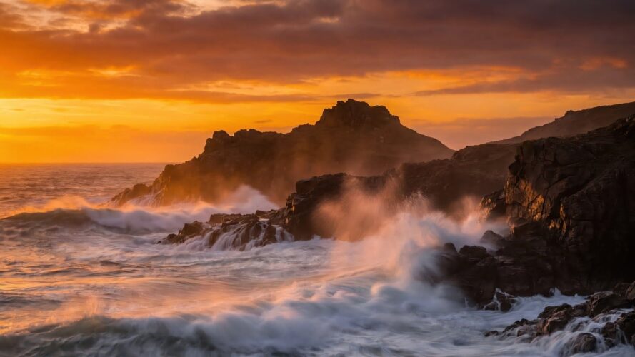 ocean, cliffs, sunset, waves, coast, sea, rocks, dramatic, nature, landscape, golden, sky, spray, coastline, travel, seascape, power, scenic, water, horizon