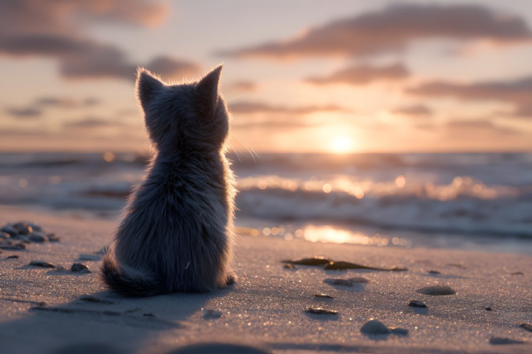 cat, beach, sunrise, ocean, sand, light, pet, reflections, calm, nature, horizon, sunset, dawn, calm sea, solitude, animal, calm night, romance, beauty, silence, seashore, adventure