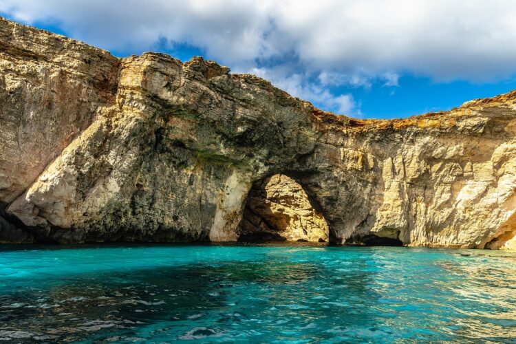 malta, cave, nature, water, mediterranean, landscape, limestone, cliffs, arch cave, comino, blue water, summer day, coastal, clouds, rock formation, tourist attraction, natural beauty, european coast, clear water, natural monument