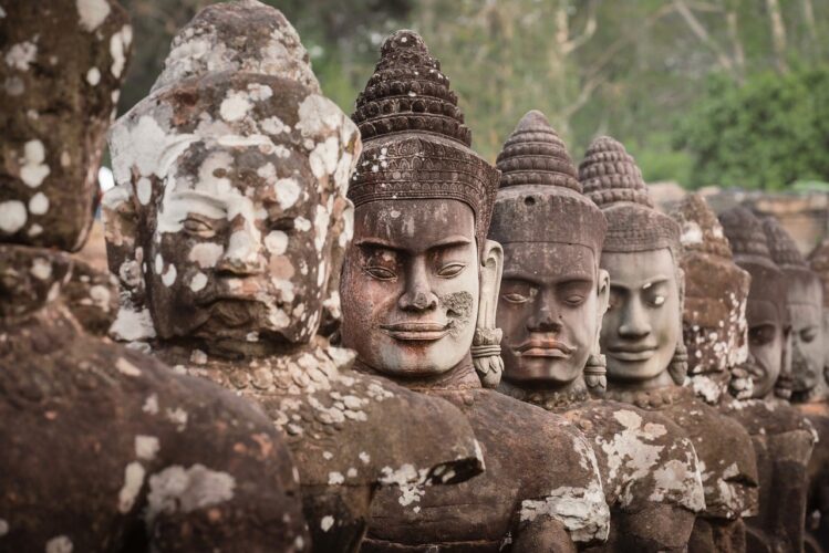 angkor wat, statues, ancient ruins, khmer art, cultural heritage, stone carving, nature background, temple guardians, nature wallpaper, archaeological wonders, adventure tourism, hd wallpaper, historical travel, magnificent faces, world heritage, 4k wallpaper, iphone wallpaper, nature, beautiful nature, green color, ancient civilization, tourist destination, stone, structure