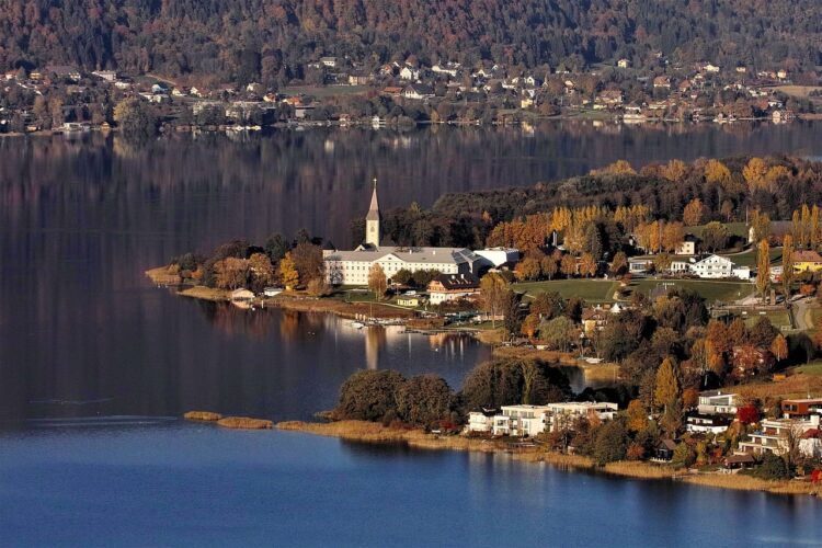 lake, nature, church, autumn, village, idyllic, morning, calm, foliage, reflections, spirit of tranquility, hiking, recreation, clean water, vacation, panoramic view, community, alps