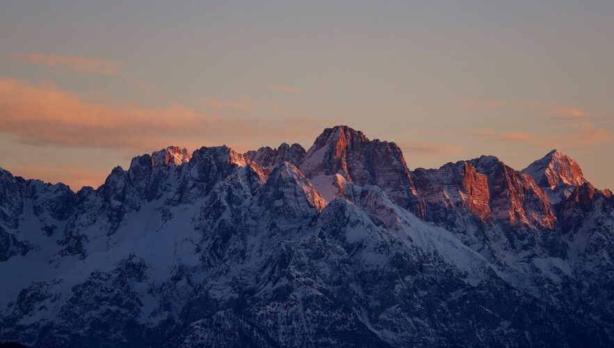 mountains, snow, nature, beautiful, winter, alps, dawn, dramatic, red, sky, sunrise, glow, rocky, landscape, snow-capped peaks, craggy, remote, quiet, chilly
