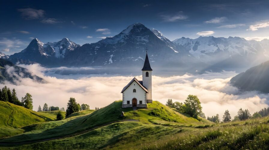 church, mountains, fog, dawn, meadow, mountain meadow, natural beauty, pastoral, green landscape, silk fog, weekend getaway, alpine mountains, countryside, panorama, hiking, landscape, tranquility, enveloping feel, nature, peaceful location, idyll, ai generated